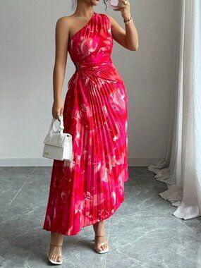 Red Elegant Women's Asymmetric Shoulder Pleated Cutout Floral Dress